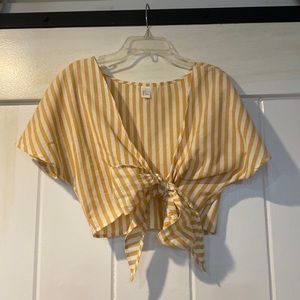 White and yellow striped short sleeve crop top with bow